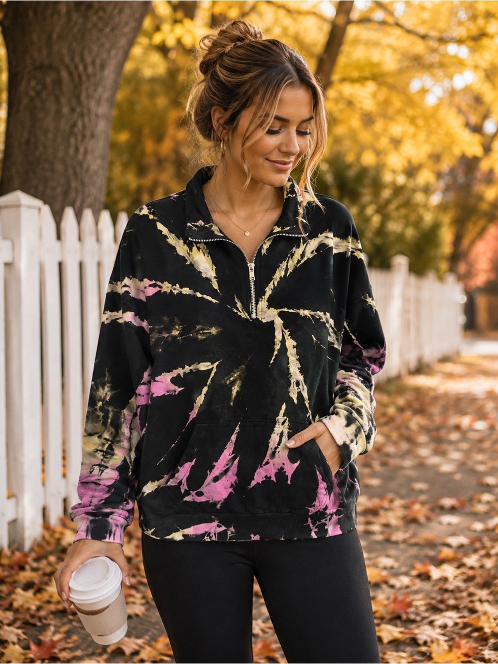 Dreamsicle Tie Dye Half Zip Sweatshirt Black Pink Cozy Cotton Blend Pullover M